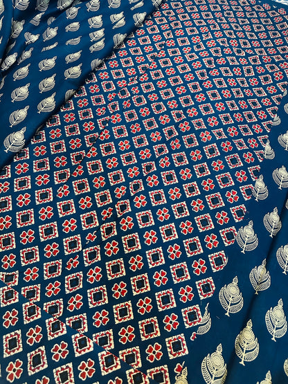 Dark Blue Pure Mul Cotton Hand Block Printed Saree