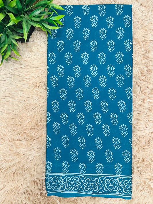 Blue Pure Mul Cotton Hand Block Printed Saree