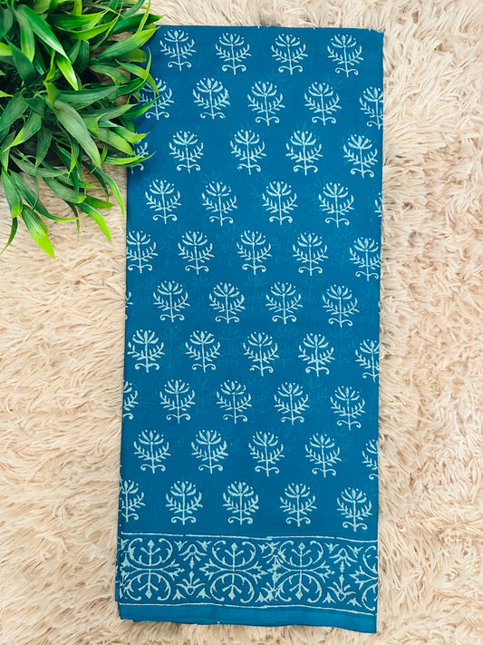 Blue Pure Mul Cotton Hand Block Printed Saree