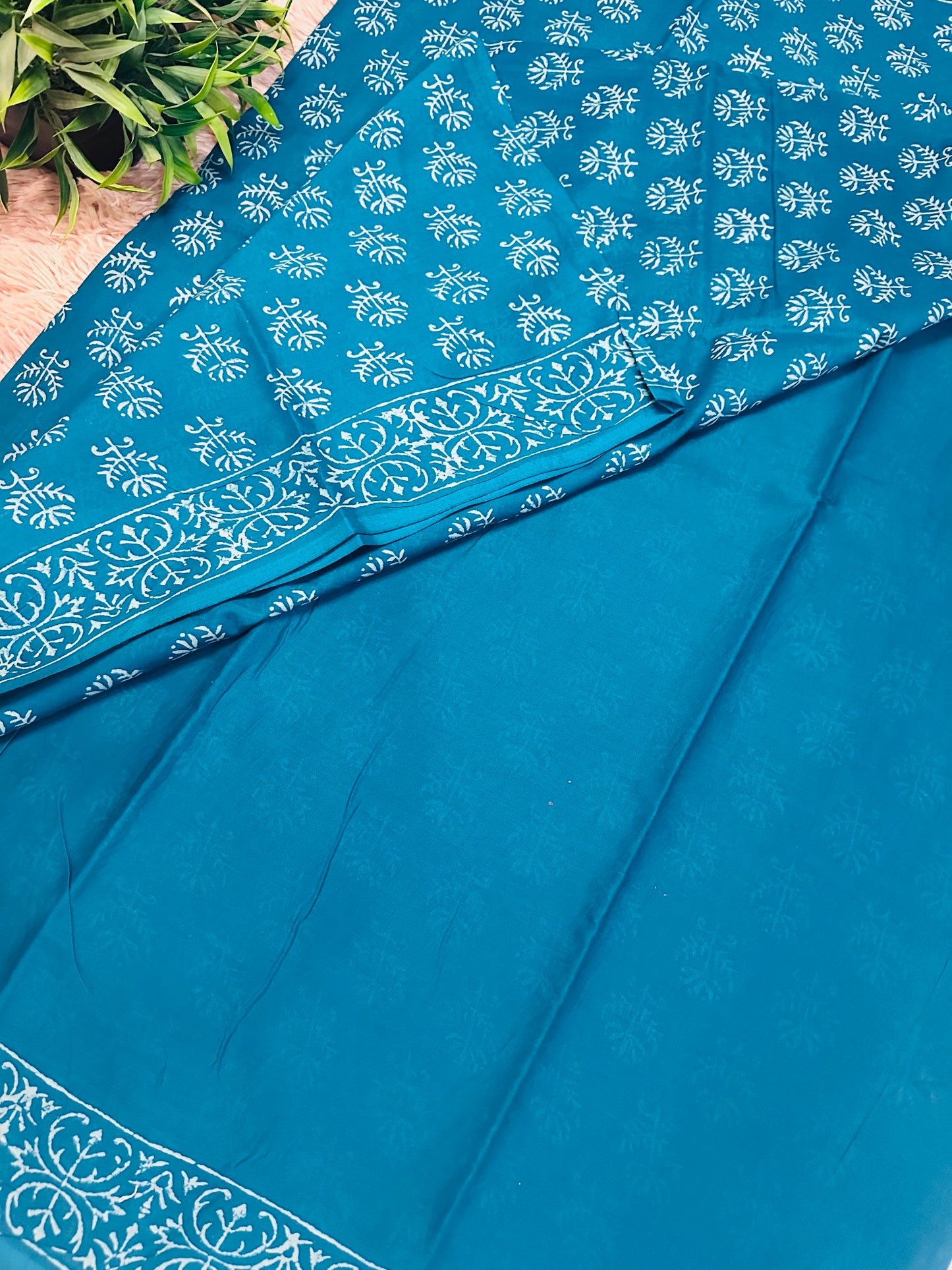 Blue Pure Mul Cotton Hand Block Printed Saree