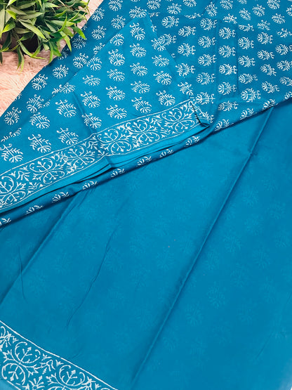 Blue Pure Mul Cotton Hand Block Printed Saree