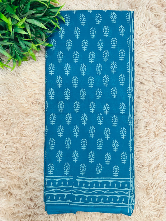 Blue Pure Mul Cotton Hand Block Printed Saree