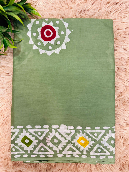 Pista Green Mul Cotton Hand Block Printed Saree