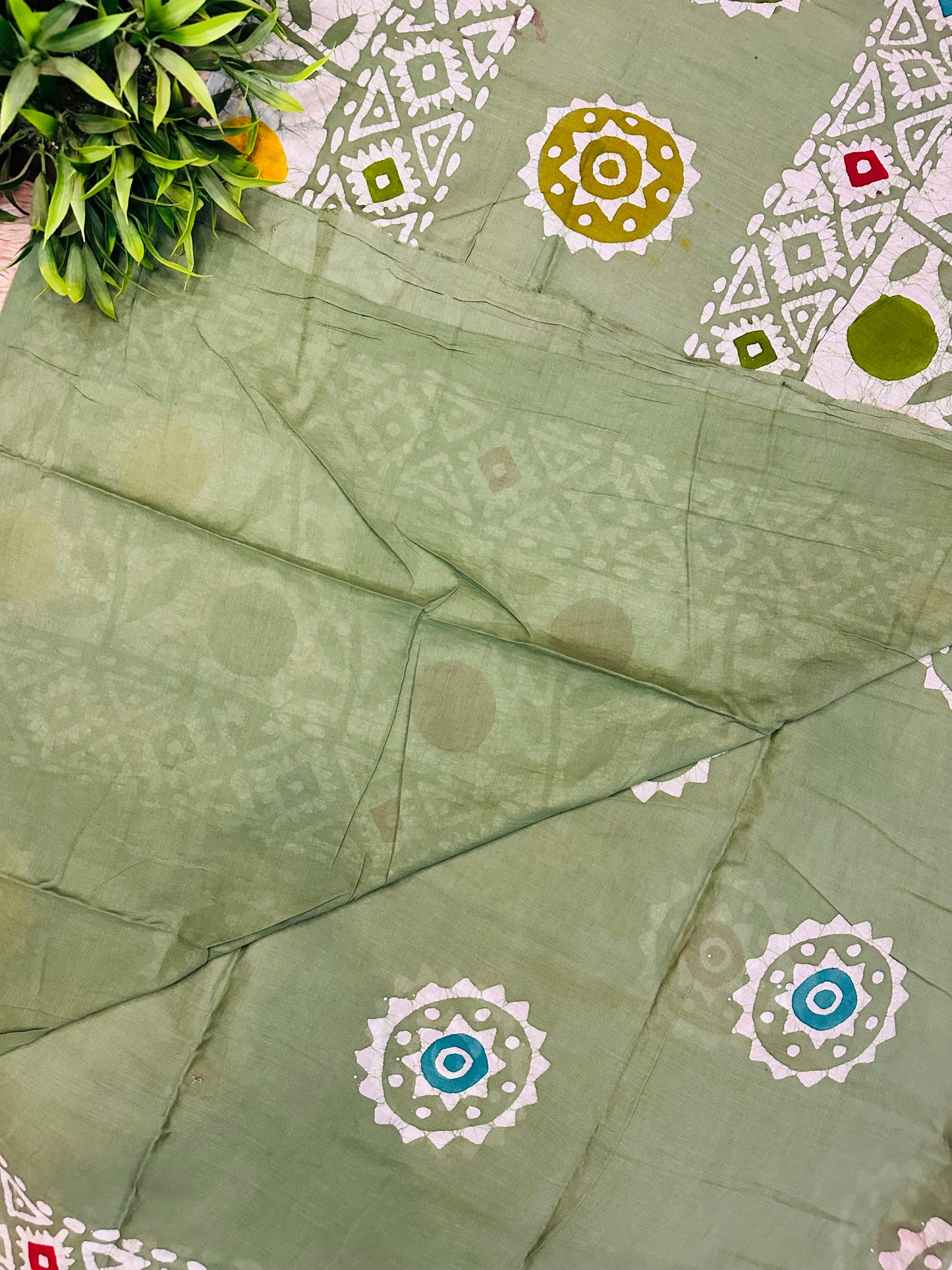 Pista Green Mul Cotton Hand Block Printed Saree