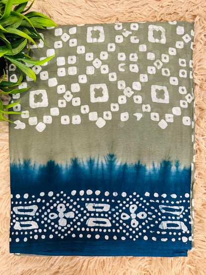 Grey Mul Cotton Hand Block Printed Saree