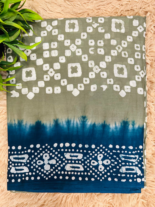 Grey Mul Cotton Hand Block Printed Saree
