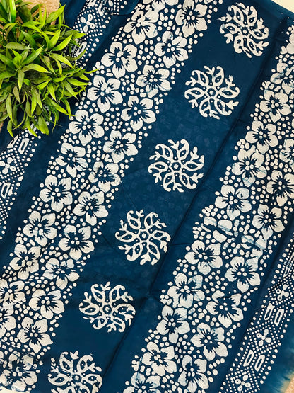 Grey Mul Cotton Hand Block Printed Saree