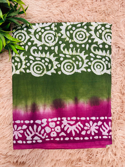 Leaf Green Mul Cotton Hand Block Printed Saree