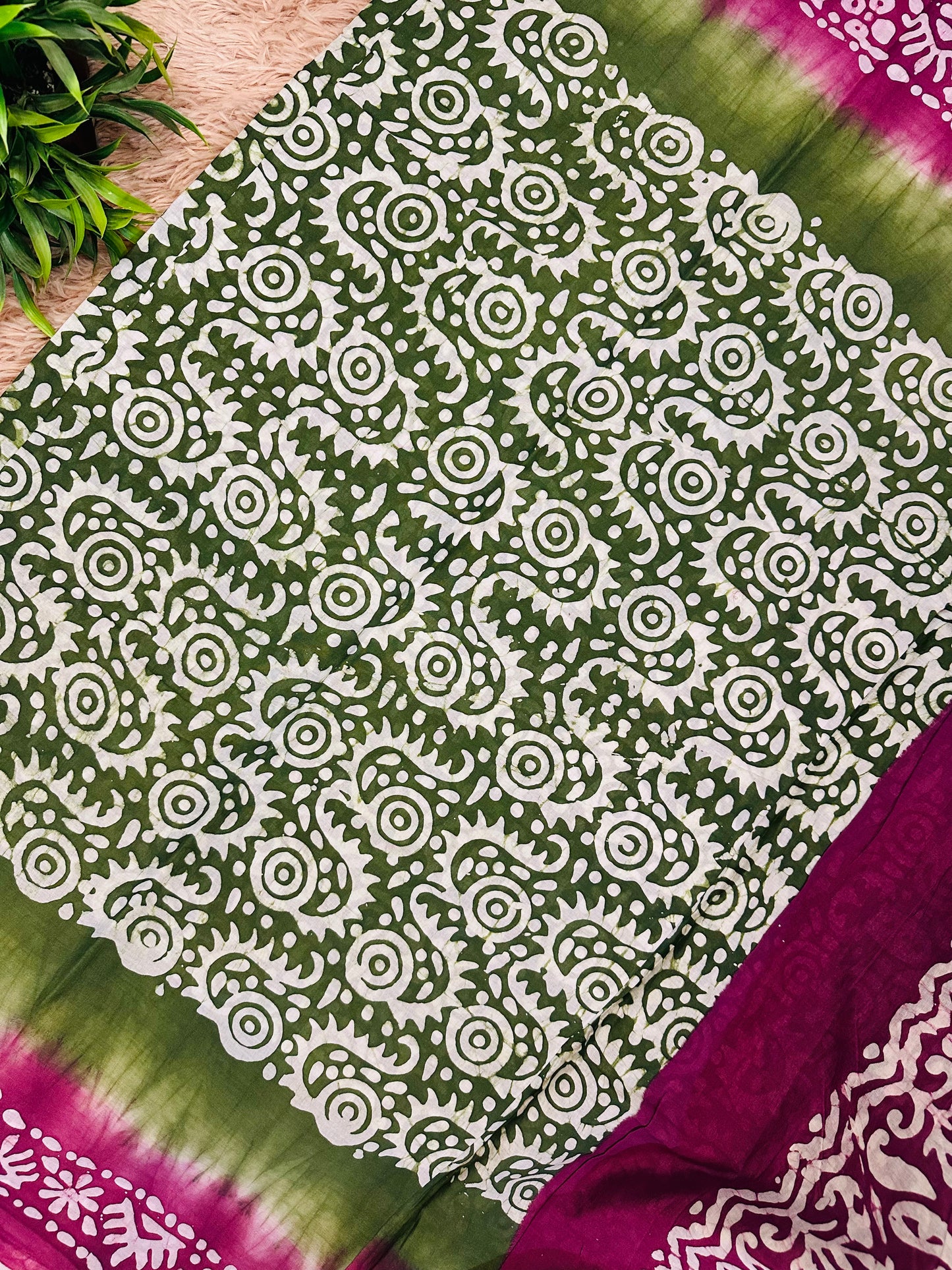 Leaf Green Mul Cotton Hand Block Printed Saree