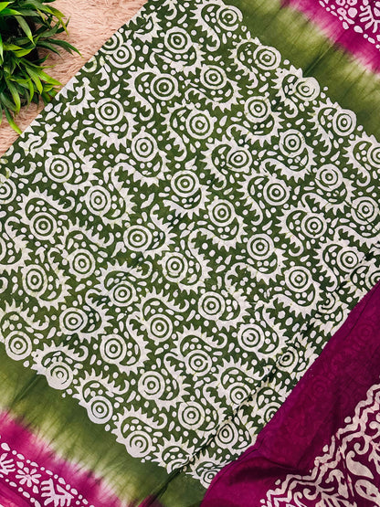 Leaf Green Mul Cotton Hand Block Printed Saree