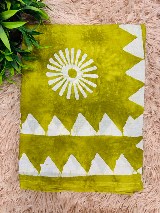 Green Mul Cotton Hand Block Printed Saree