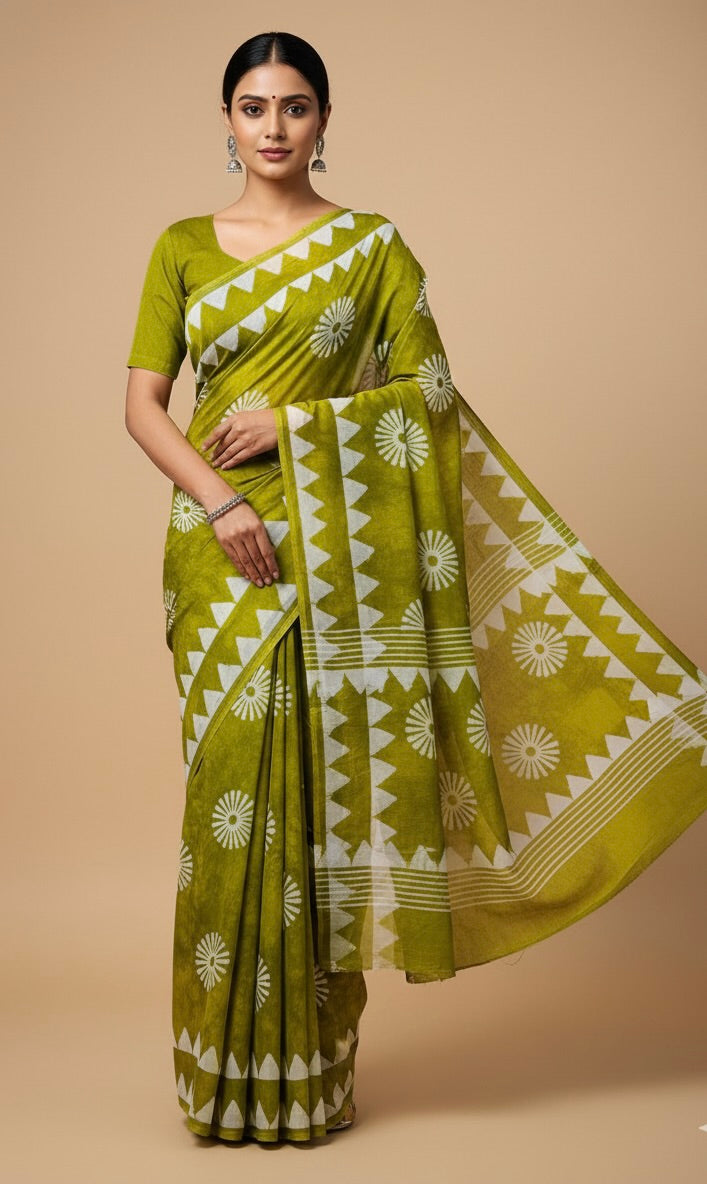 Green Mul Cotton Hand Block Printed Saree