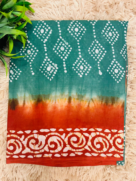Teal Blue Mul Cotton Hand Block Printed Saree