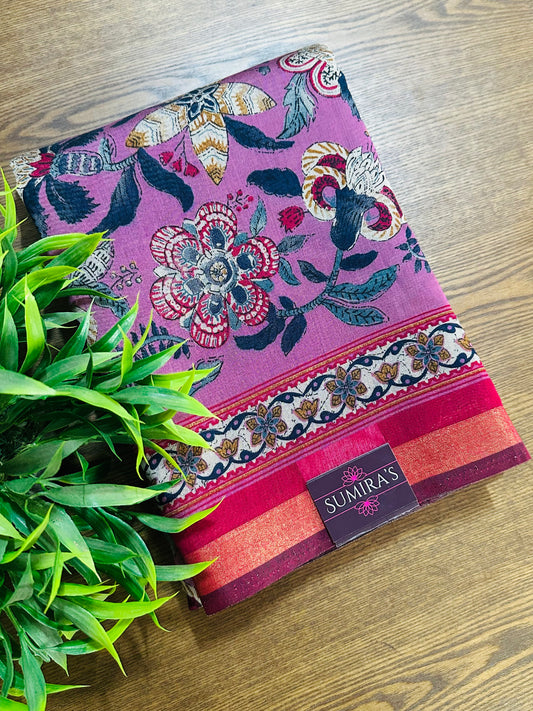 Magenta Pink Floral Maheshwari Cotton Saree