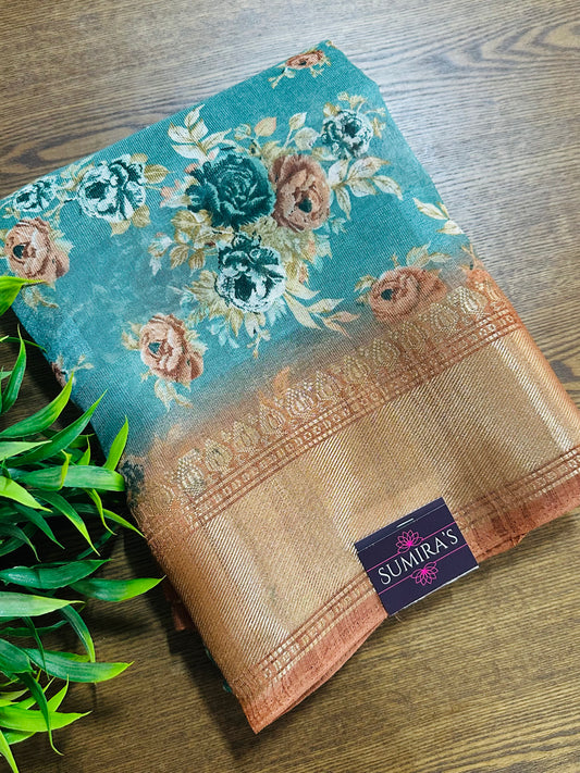 Light Blue Floral Silk Saree