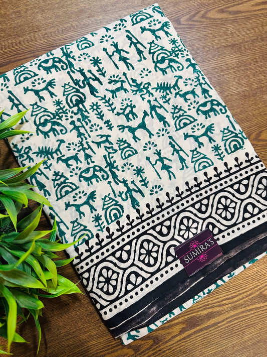 Beige Pure Mul Cotton Hand Block Printed Saree