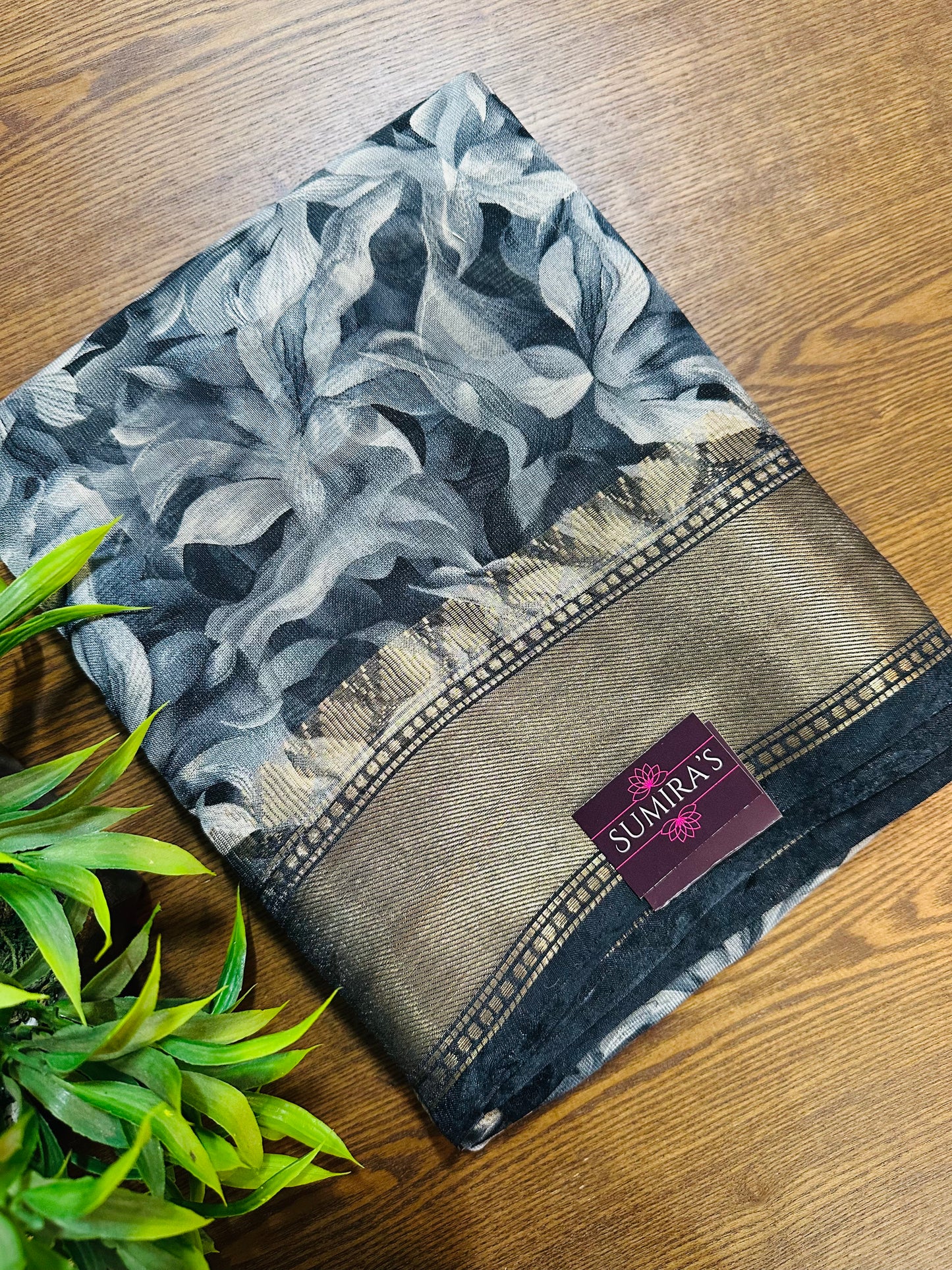 Grey Floral Silk Saree