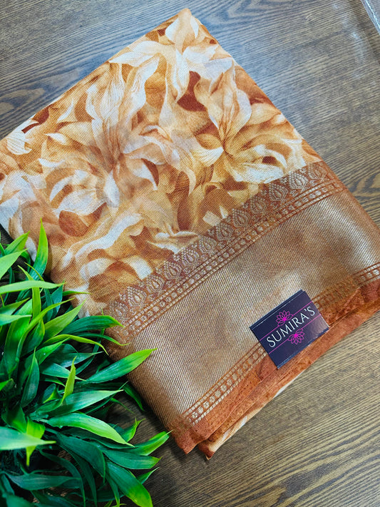 Orange Floral Silk Saree