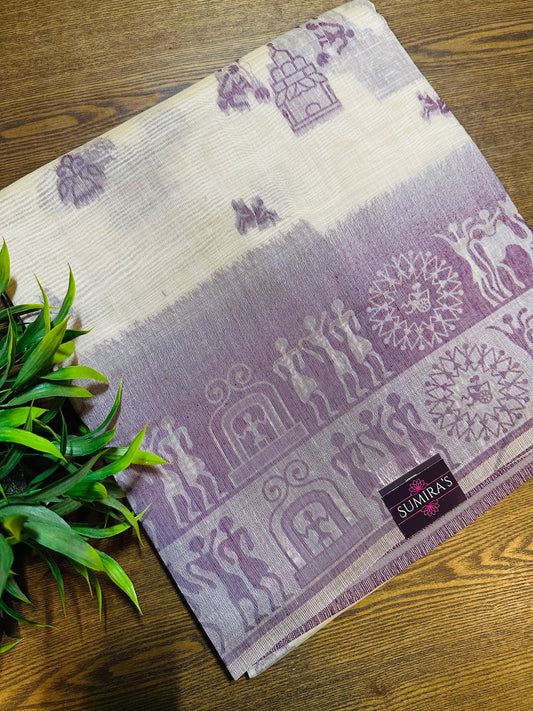 Cream and Purple Warli Art Cotton Silk Saree