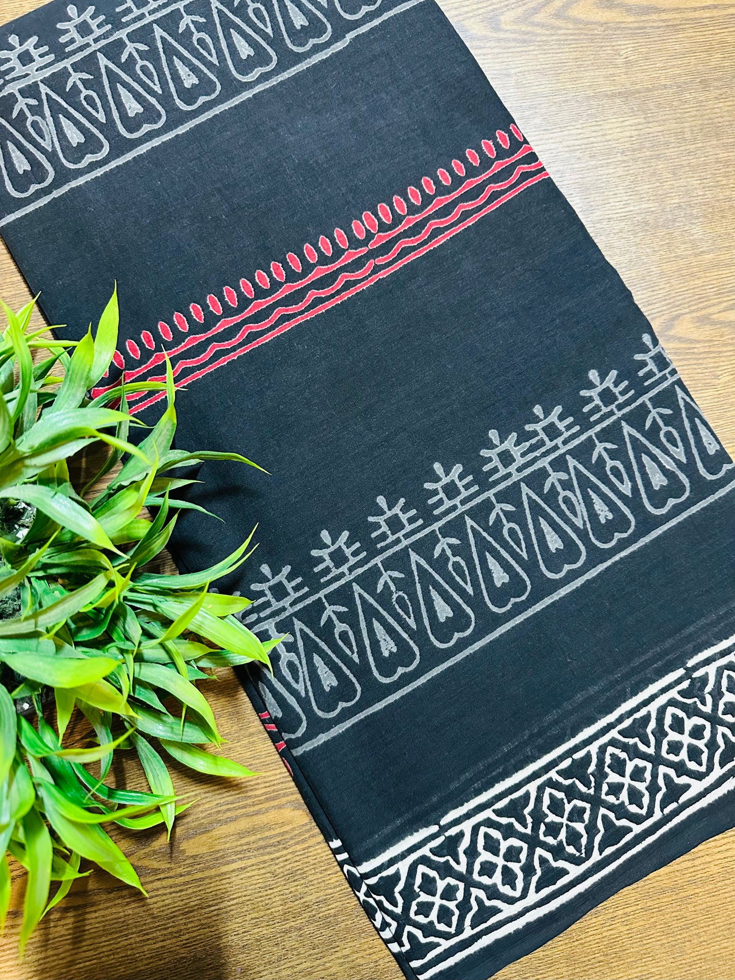 Black Pure Mul Cotton Hand Block Printed Saree