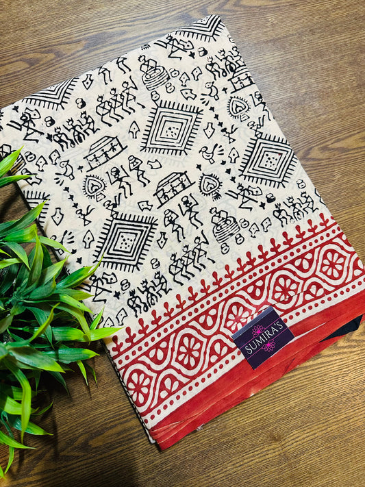 Beige Pure Mul Cotton Hand Block Printed Saree
