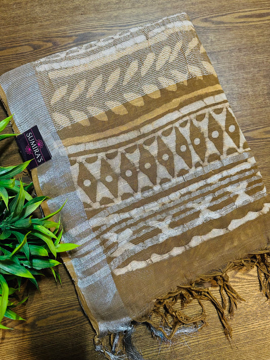 Brown Handblock Printed Pure Linen Saree
