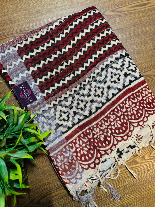 Beige Handblock Printed Pure Linen Saree