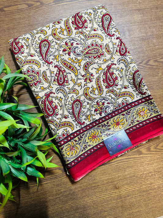Maroon Pure Mul Cotton Hand Block Printed Saree