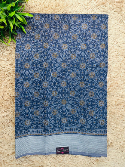 Daffane Blue Chanderi Cotton Ajrakh Printed Saree