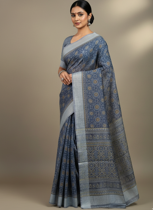 Daffane Blue Chanderi Cotton Ajrakh Printed Saree