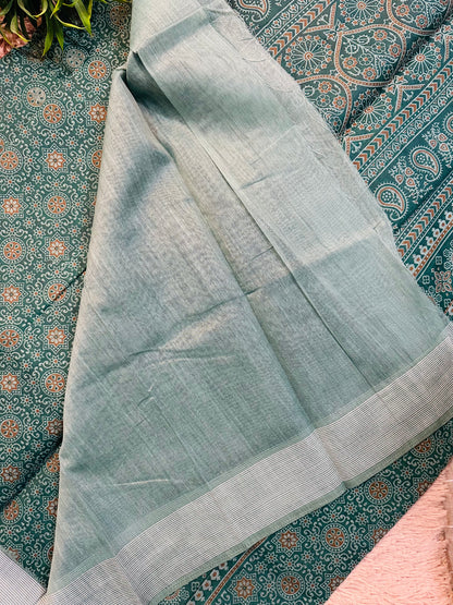 Green Chanderi Cotton Ajrakh Printed Saree