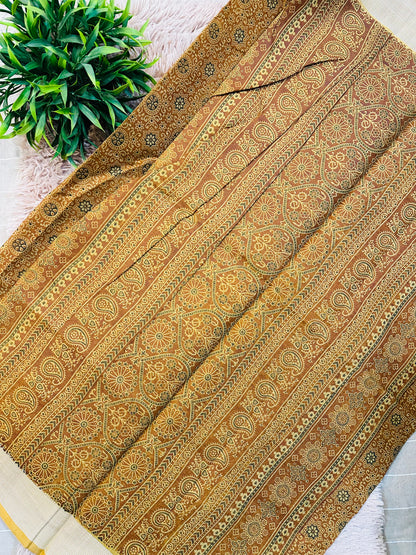 Mustard Chanderi Cotton Ajrakh Printed Saree