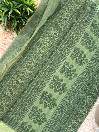 Green Chanderi Cotton Floral Printed Saree