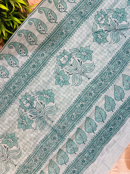 Blue Chanderi Cotton Leaf Printed Saree