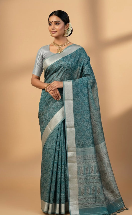 Blue Chanderi Cotton Ajrakh Printed Saree