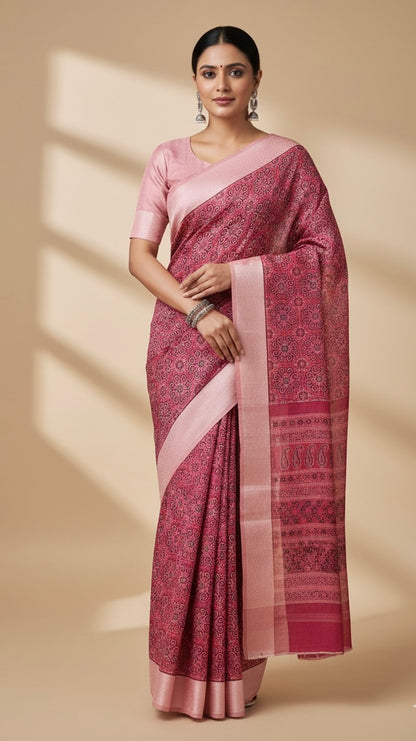 Pink Chanderi Cotton Ajrakh Printed Saree