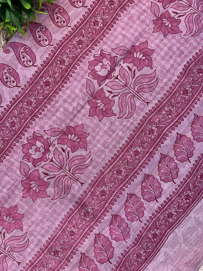 Pink Chanderi Cotton Leaf Printed Saree