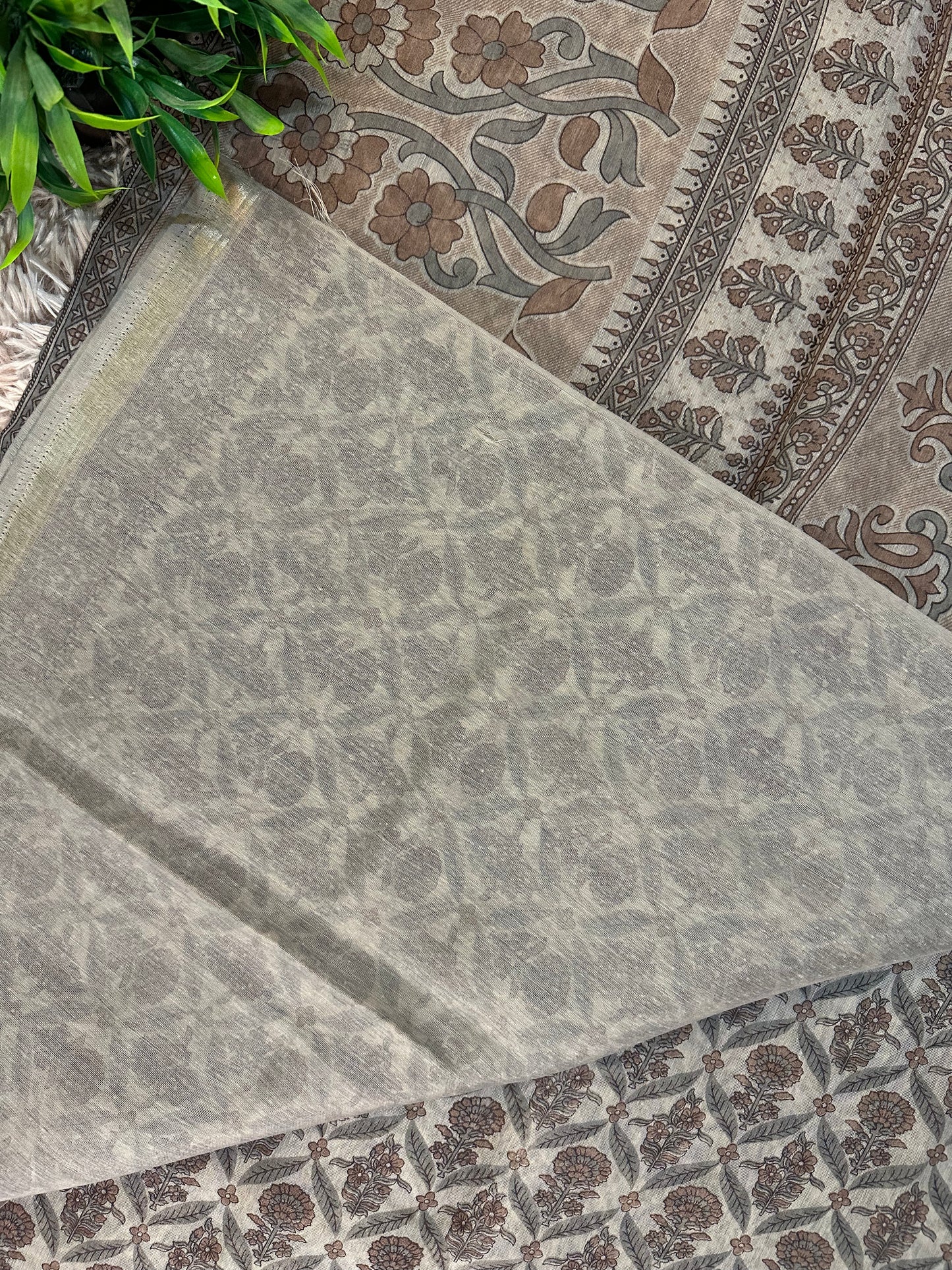 Cream Chanderi Cotton Floral Printed Saree