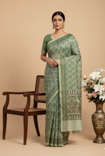 Green Chanderi Cotton Floral Printed Saree