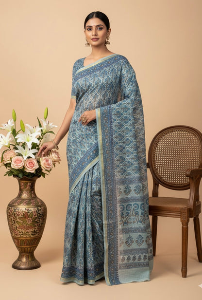 Blue Chanderi Cotton Floral Printed Saree