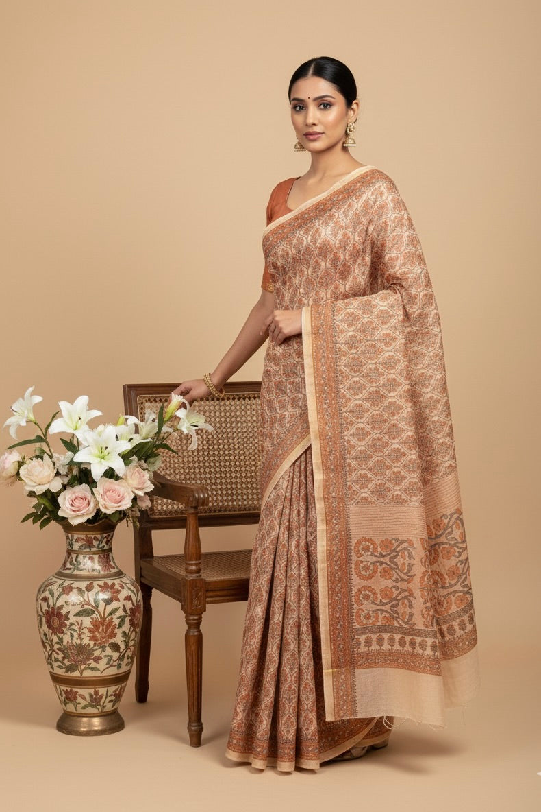 Orange Chanderi Cotton Floral Printed Saree