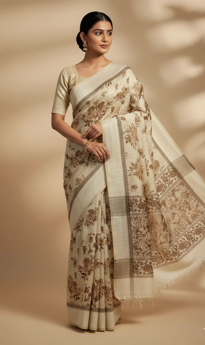 Beige Chanderi Cotton Floral Printed Saree