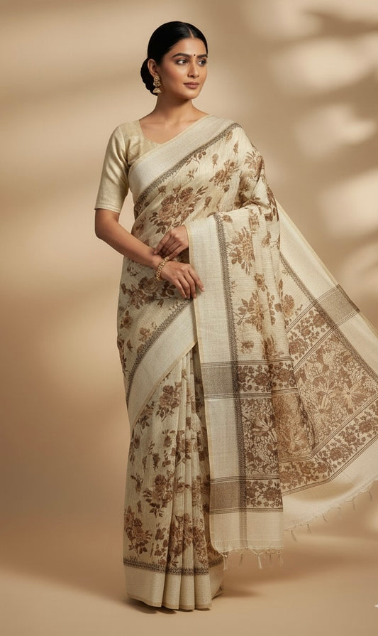 Beige Chanderi Cotton Floral Printed Saree