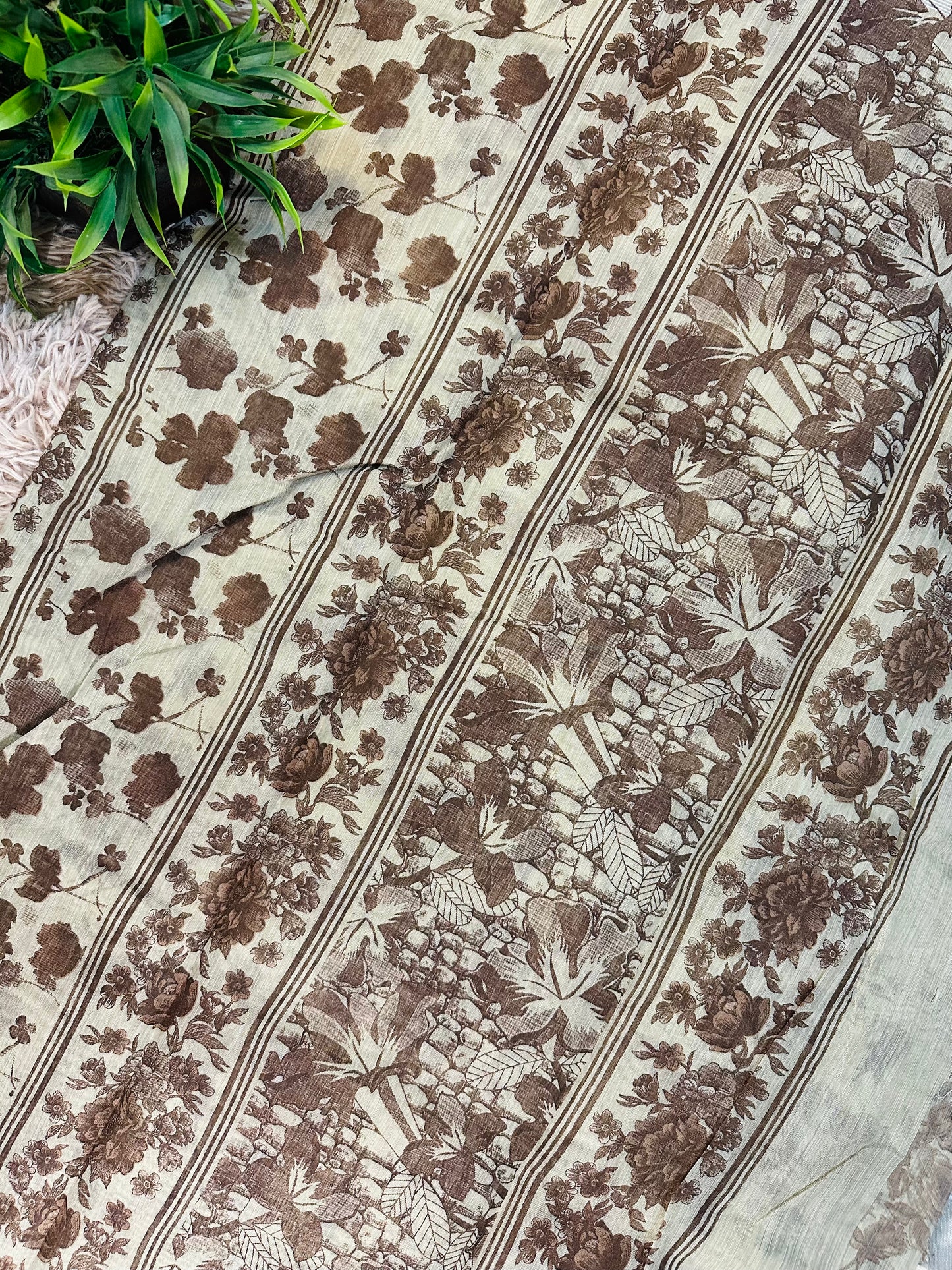 Beige Chanderi Cotton Floral Printed Saree