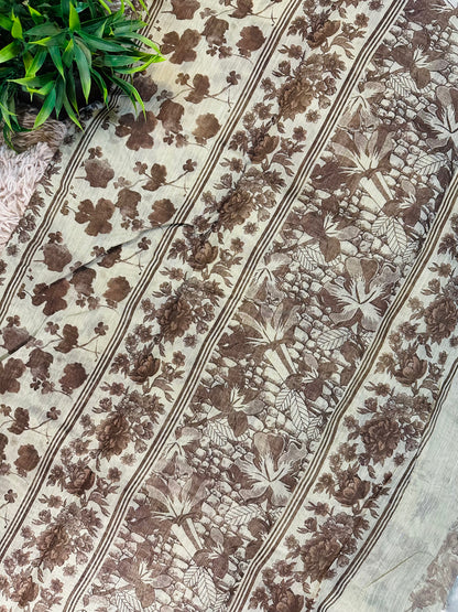 Beige Chanderi Cotton Floral Printed Saree