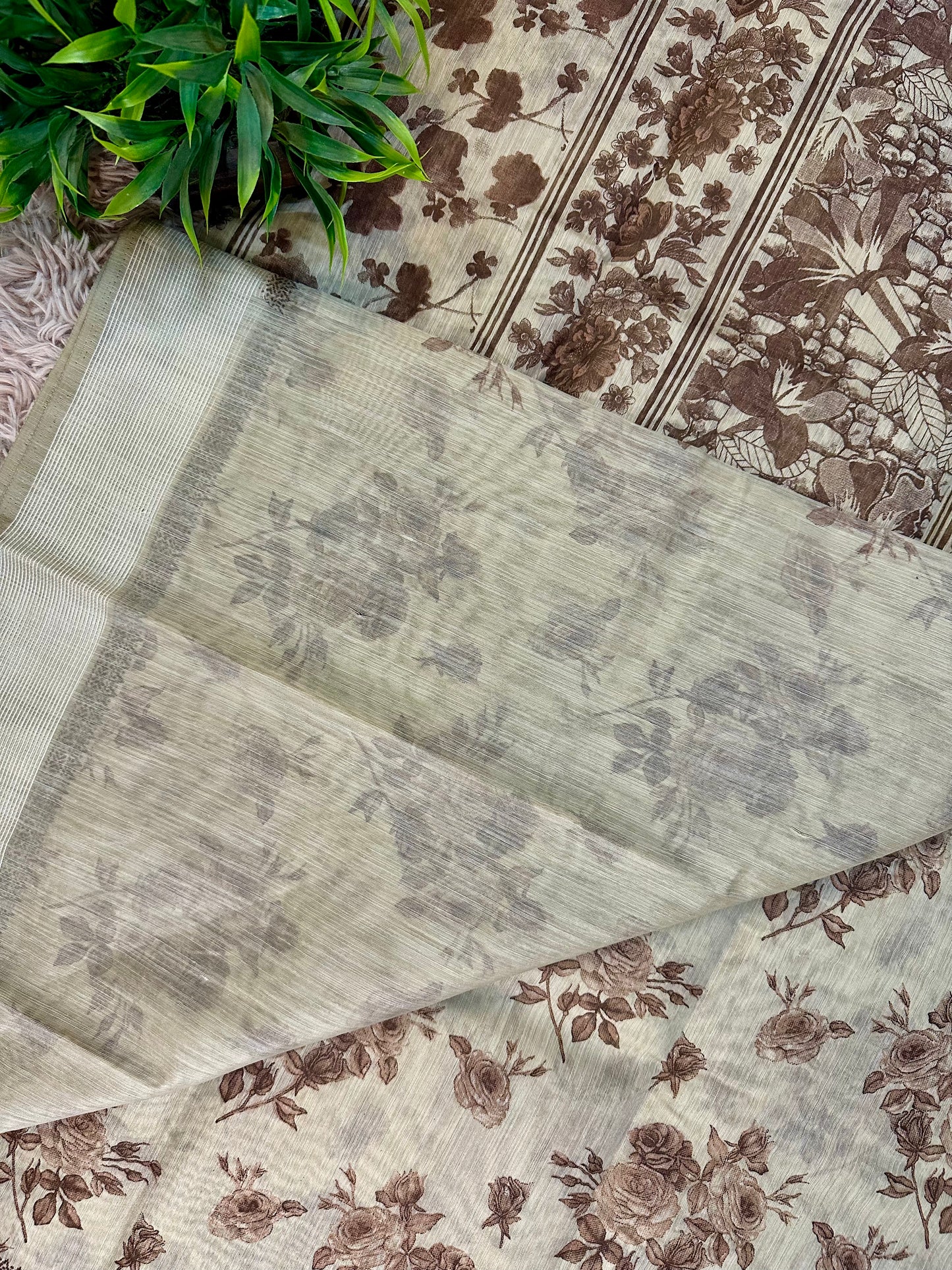 Beige Chanderi Cotton Floral Printed Saree