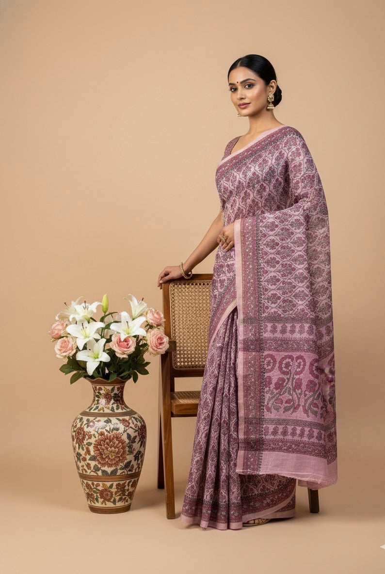 Pink Chanderi Cotton Jaal Printed Saree