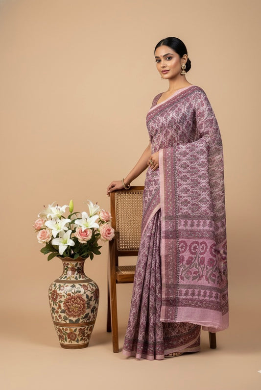Pink Chanderi Cotton Floral Printed Saree