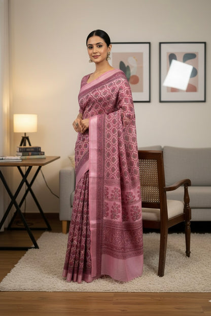 Pink Chanderi Cotton Floral Printed Saree