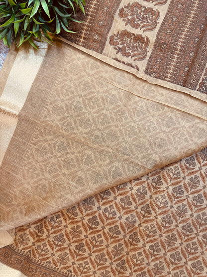 Light Brown Chanderi Cotton Floral Printed Saree